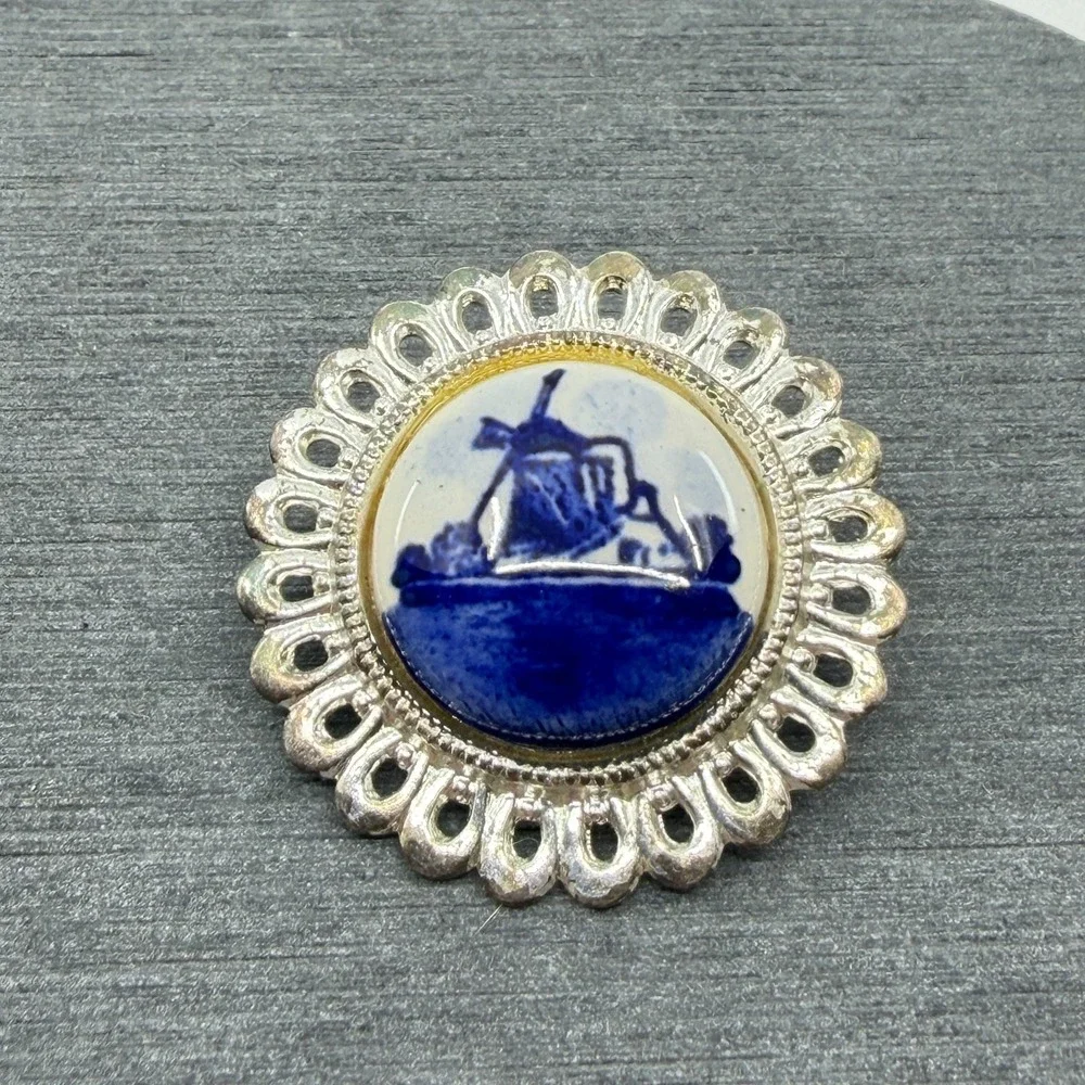 Blue White Delft Style Windmill Cabochon Silver Tone Brooch Pin Dutch Art Gift